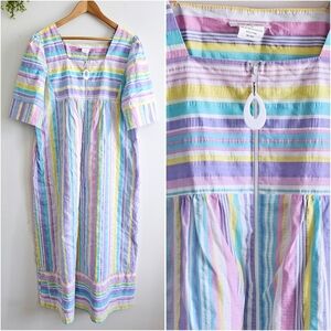 Vintage CW Classics Pastel Stripe Dress Cottagecore Midi Pockets Zip Front L